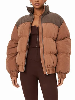 Zimné Bundy pre Ženy 2023 Pribrala Nadrozmerná Prešívané Kabáty s Zips Teplé Krátke Čalúnená Parkas Karamel Dole Bavlna Coats